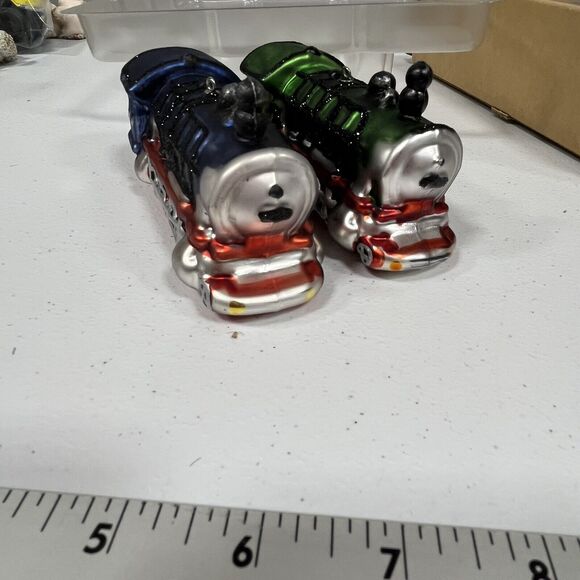Antique Hand Blown Glass Christmas Ornament Green Blue Train Locomotive NICE! - Picture 5 of 6